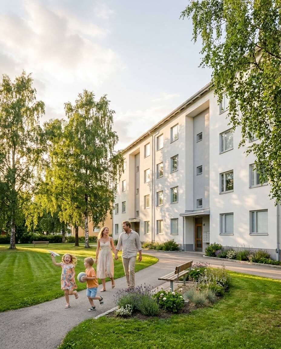 Grön sommarinnergård framför välskött flerbostadshus med björkar, nyklippt gräs och rabatter i kvällsljus i Umeå.