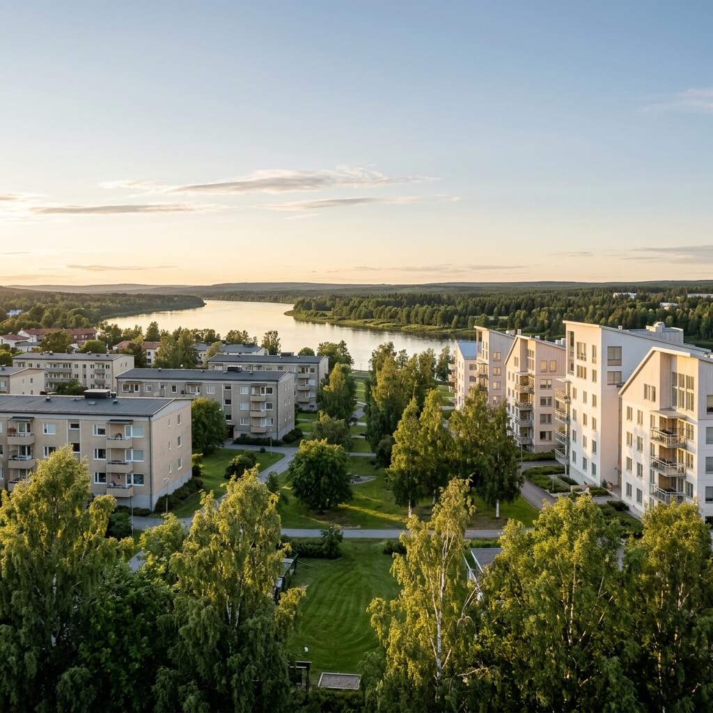 Vy över bostadsområde i Umeå med äldre och nyare flerbostadshus sida vid sida, omgivna av björkar och grönska, med Umeälven och skog i bakgrunden en sommarkväll