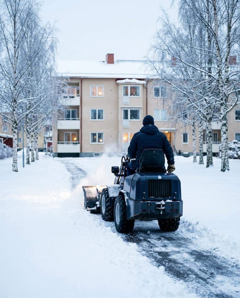 Kompakt snöröjningsmaskin röjer parkeringen på en innergård med flerbostadshus i vintermorgonljus – förare sedd bakifrån