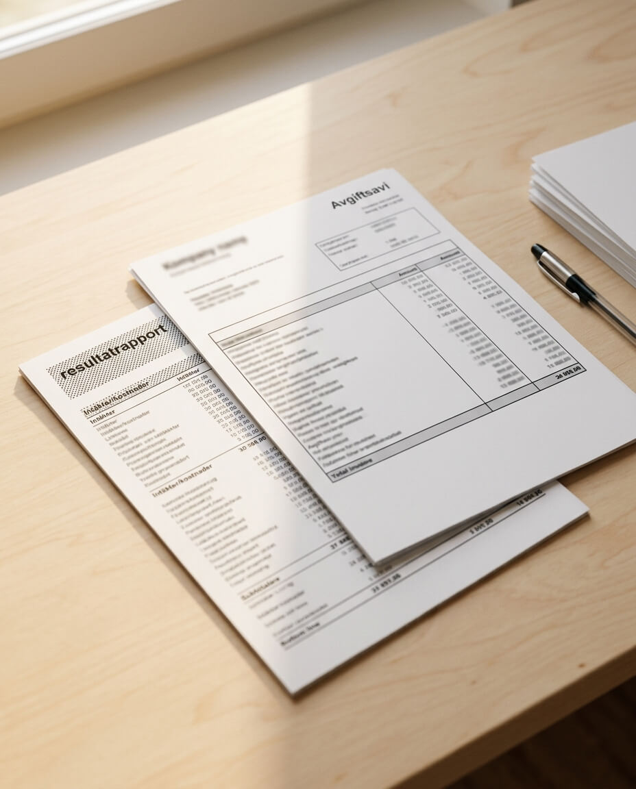Avgiftsavier och resultatrapport på ett björkskrivbord i mjukt dagsljus – ekonomisk förvaltning i Umeå